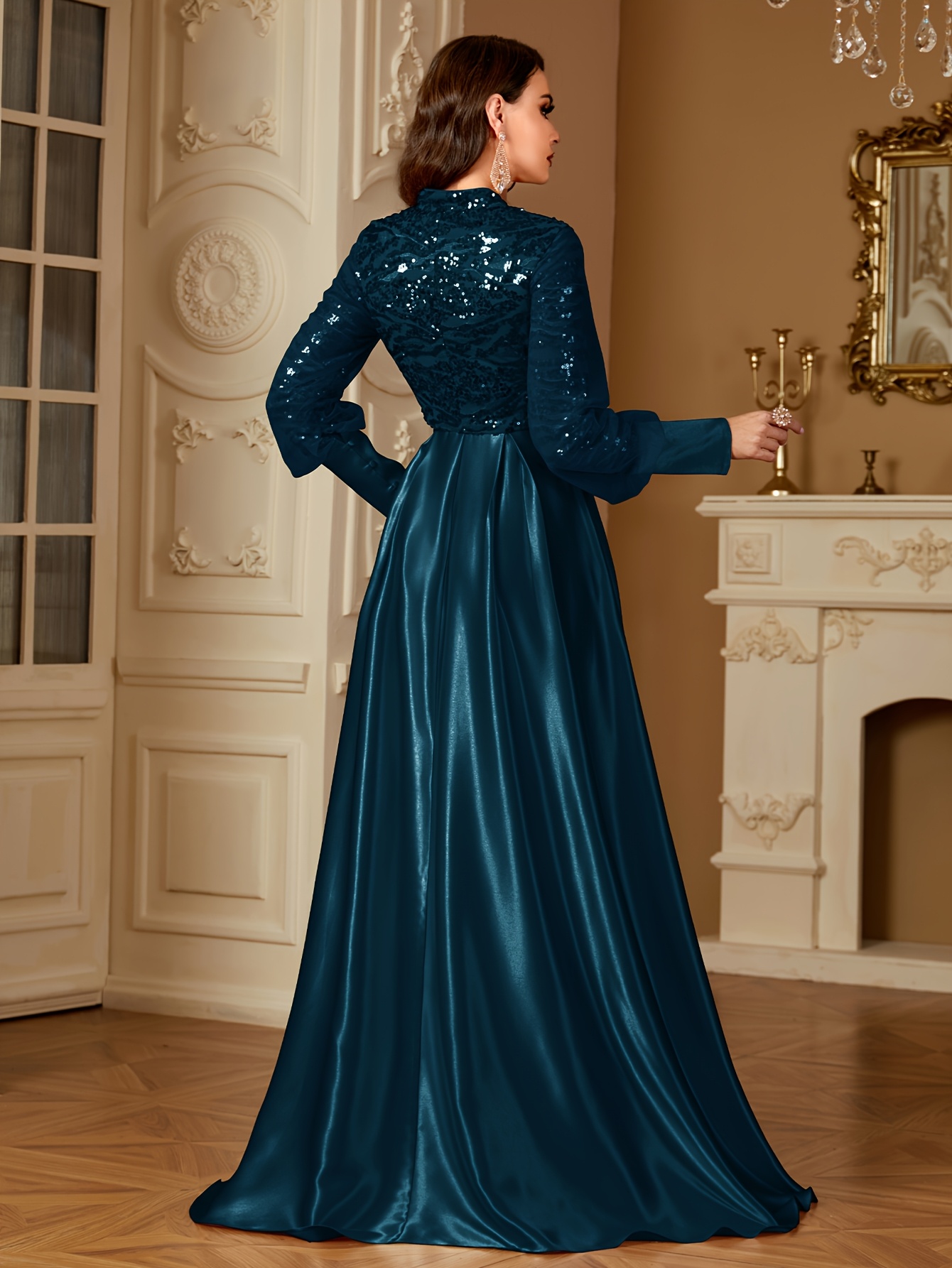 Model showcasing the Midnight Bloom satin evening gown, a luxurious and elegant floor-length gown, perfect for special occasions.