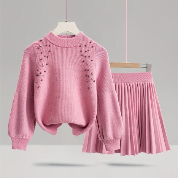 Stylish girls beaded knit sweater and pleated skirt set in springautumn colors Perfect for layering or wearing as a coordinated outfit
