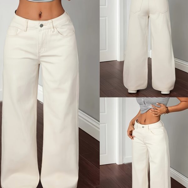 Stylish model wearing Newness's Summer Breeze wide-leg jeans, showcasing the flattering fit and flowy silhouette against a bright summer backdrop.