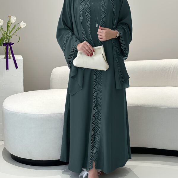 Exquisite Desert Bloom Lace Kaftan Set from Newness, perfect for Ramadan and special occasions. Features delicate lace detailing and a flowing silhouette.