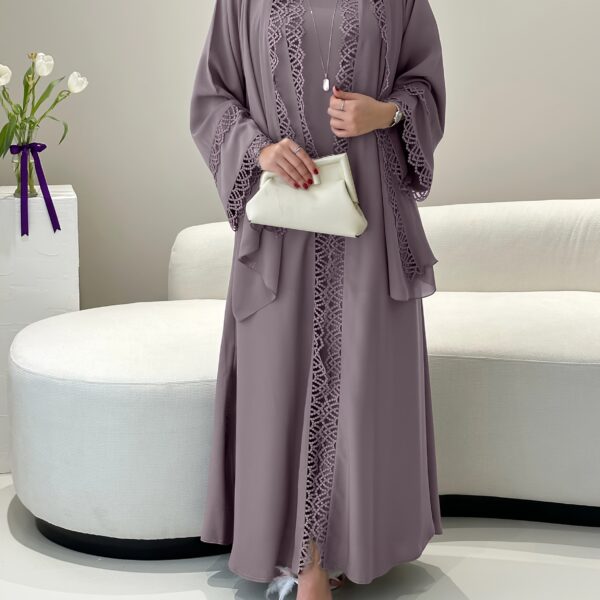 Exquisite Desert Bloom Lace Kaftan Set from Newness, perfect for Ramadan and special occasions. Features delicate lace detailing and a flowing silhouette.