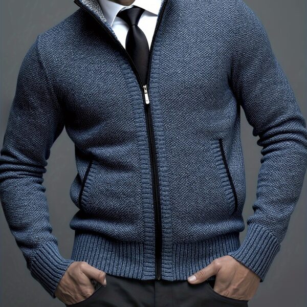 The Newness Apex Men's Knit Blazer: A stylish and comfortable knit blazer, perfect for any occasion. Model wearing the navy blue Apex blazer.