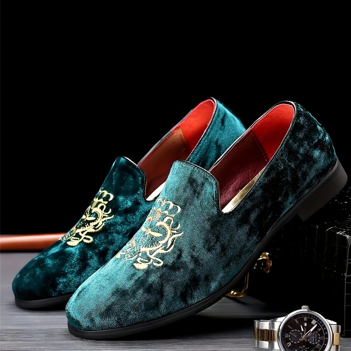 Newness Regent Embroidered Velvet Loafers Luxurious velvet loafers with intricate embroidery showcasing comfort and style