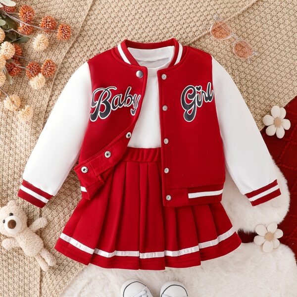 Stylish girls' preppy patchwork baseball jacket and skirt set, perfect for fall and winter. Features a mix of colorful patches on a comfortable jacket and matching skirt.
