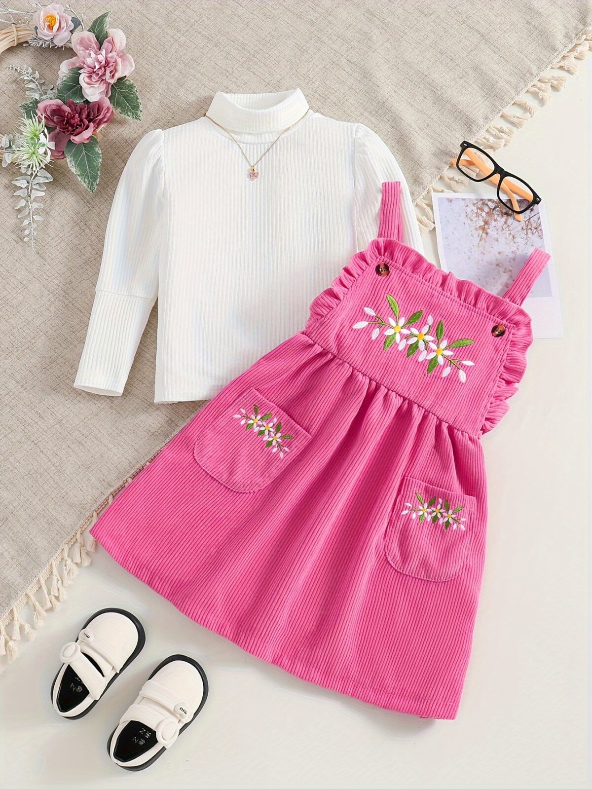 Adorable Bloomsbury Corduroy Dress Set for girls perfect for spring fall or winter Features a stylish corduroy dress and coordinating accessories