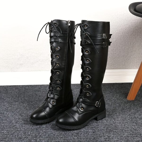 Newness Rebellious Spirit Buckle Knee Boots: Elevate your style with these edgy knee-high boots, featuring a striking buckle detail. Perfect for adding a touch of rebellion to any outfit.