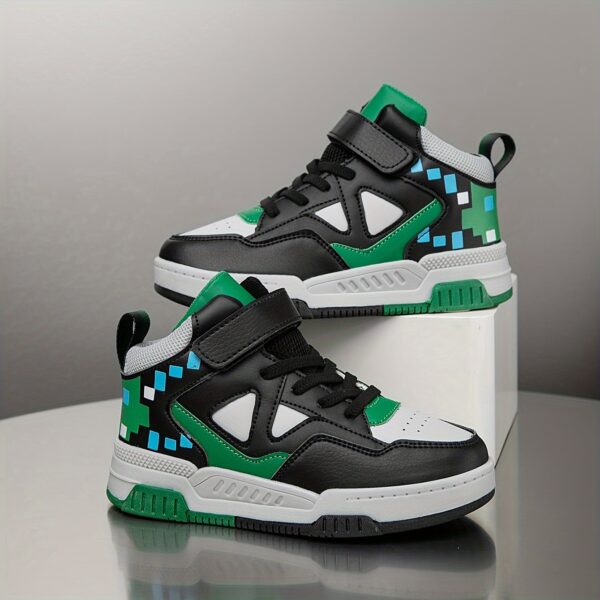 Stylish Retro Pixel Geometric Sneakers for kids by Newness. These sneakers feature a vibrant geometric pixel design.