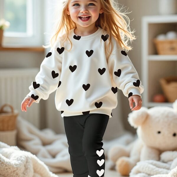 Adorable girls' playful set featuring a sweet heart print, perfect for fall and winter. The outfit includes [mention pieces included, e.g., a sweater and leggings] in soft, comfortable fabrics.