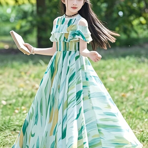 Adorable girl twirling in a flowy elegant chiffon dress perfect for summer The dress is in a beautiful summer garden setting