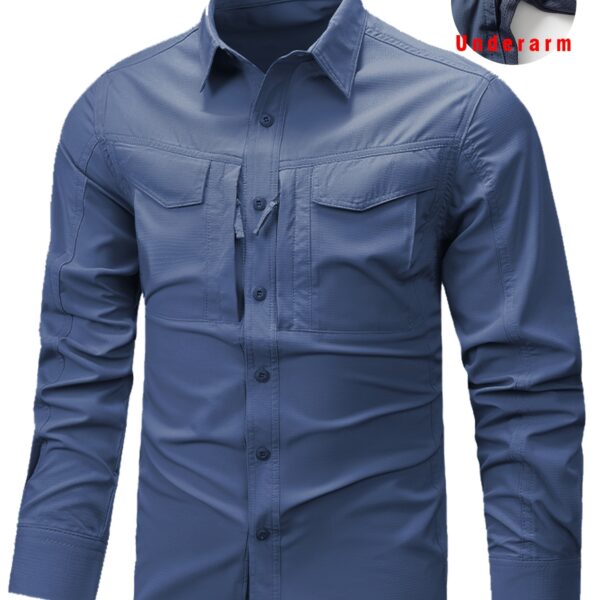 Venture Out Tactical Pocket Shirt by Newness: A stylish, durable, and quick-drying shirt perfect for weekend adventures. Shows multiple pockets and a model wearing the shirt outdoors.