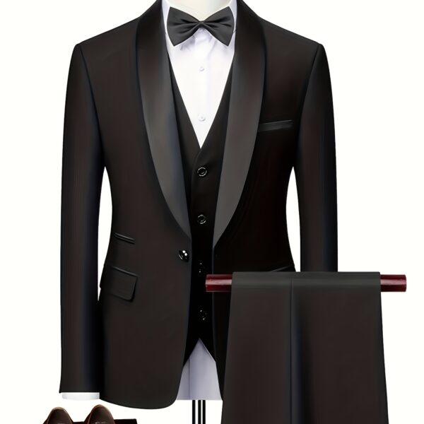 Model wearing the Newness Apex Slim Fit Tuxedo, a sophisticated black tuxedo with a modern slim fit, ideal for weddings and formal events.