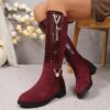 Newness Crimson V Chain Burgundy Knee Boots Elevate your style with these luxurious burgundy knee high boots featuring a striking V chain detail