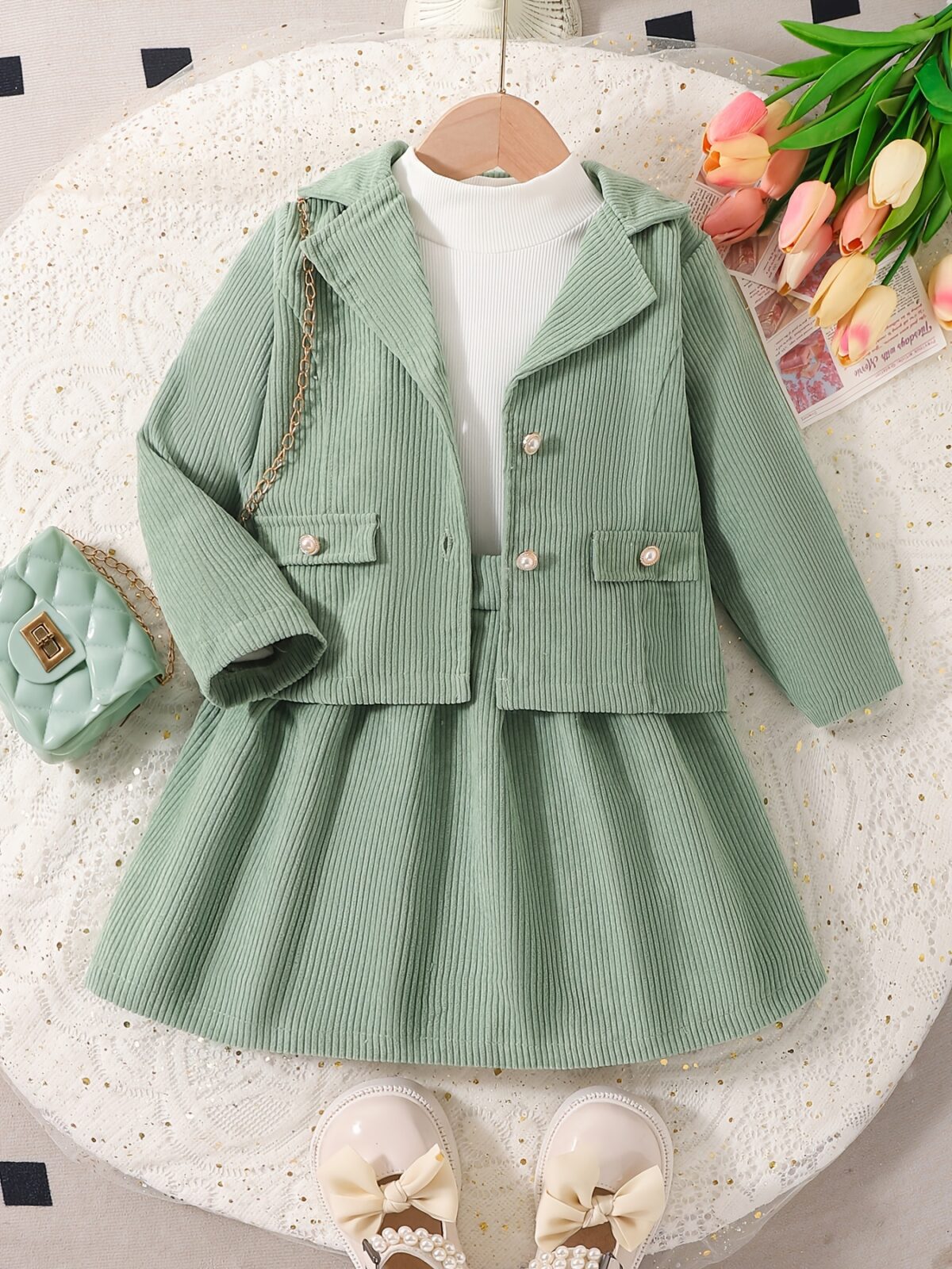 Adorable girl wearing Newness Spring Meadow Girls Suit Set a stylish outfit perfect for spring fall or winter