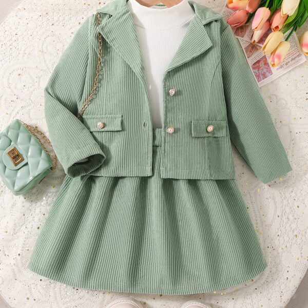 Adorable girl wearing Newness' Spring Meadow Girls' Suit Set, a stylish outfit perfect for spring, fall, or winter.