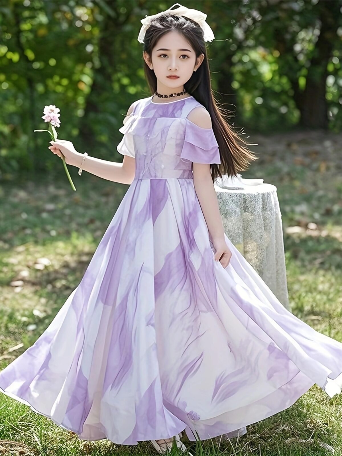 Adorable girl twirling in a flowy elegant chiffon dress perfect for summer The dress is in a beautiful summer garden setting