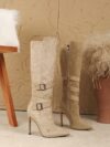 Dune Beige Stiletto Knee Boots from Newness Elegant knee high stiletto boots in a sophisticated beige shade