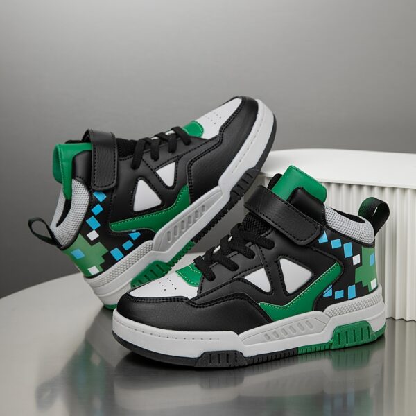 Stylish Retro Pixel Geometric Sneakers for kids by Newness. These sneakers feature a vibrant geometric pixel design.