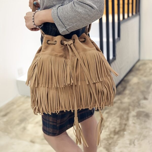 Newness Chic Tassel Bucket Bag: A stylish, vintage-inspired bucket bag with tassels, perfect for any occasion.