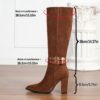 Newnesss commanding chunky heel knee high boots in brown leather showcasing the side profile and heel
