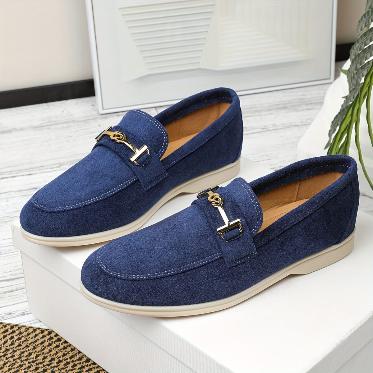 Newness Mens Fabric Loafers in navy blue showcasing breathable fabric and comfortable rubber sole perfect for any occasion