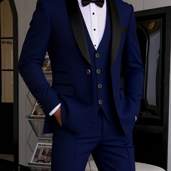 Model wearing the Newness Apex Slim Fit Tuxedo, a sophisticated black tuxedo with a modern slim fit, ideal for weddings and formal events.