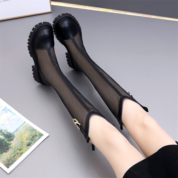 Midnight Bloom Mesh Ankle Boots by Hongjiaxiu Elegant black mesh ankle boots with a stylish silhouette