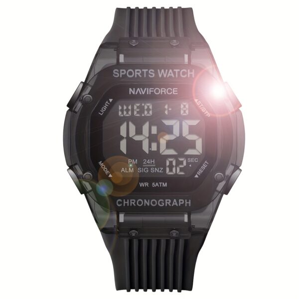 NAVIFORCE Apex Men's Digital Sports Watch, showcasing its sleek design, LED backlight, and water resistance.