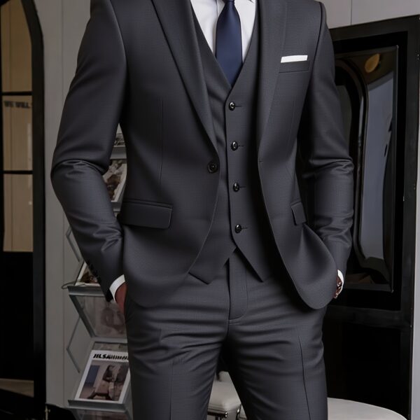 Model wearing the Newness Apex Slim Fit Tuxedo, a sophisticated black tuxedo with a modern slim fit, ideal for weddings and formal events.
