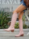 Newness Embroidered Pink Western Boots Step into style with our trendy pink embroidered boots featuring intricate stitching and a classic Western silhouette