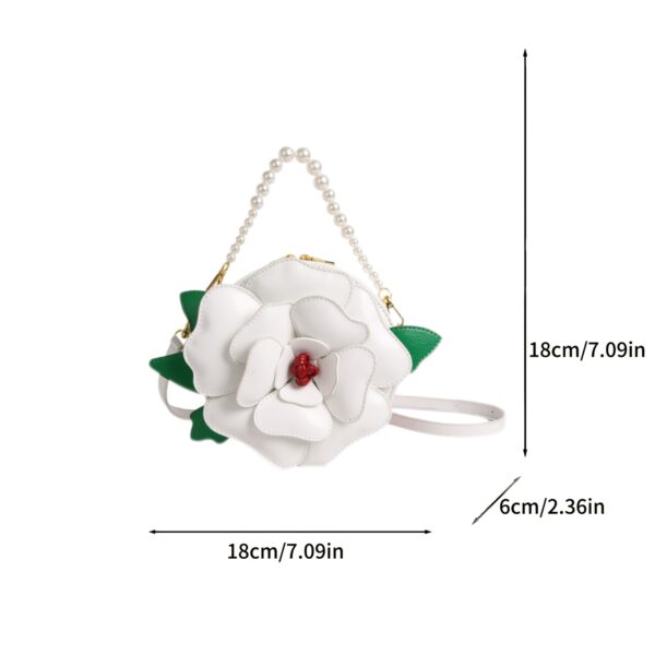Camellia Blossom Floral Shoulder Bag from Newness, featuring a unique floral design, pearl accents, and an adjustable strap.