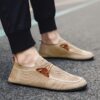Light beige mens mesh slip on loafers with brown accents showcasing breathable mesh upper and durable rubber sole