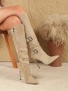 Dune Beige Stiletto Knee Boots from Newness Elegant knee high stiletto boots in a sophisticated beige shade