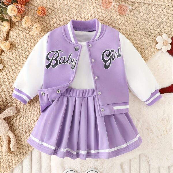 Stylish girls preppy patchwork baseball jacket and skirt set perfect for fall and winter Features a mix of colorful patches on a comfortable jacket and matching skirt