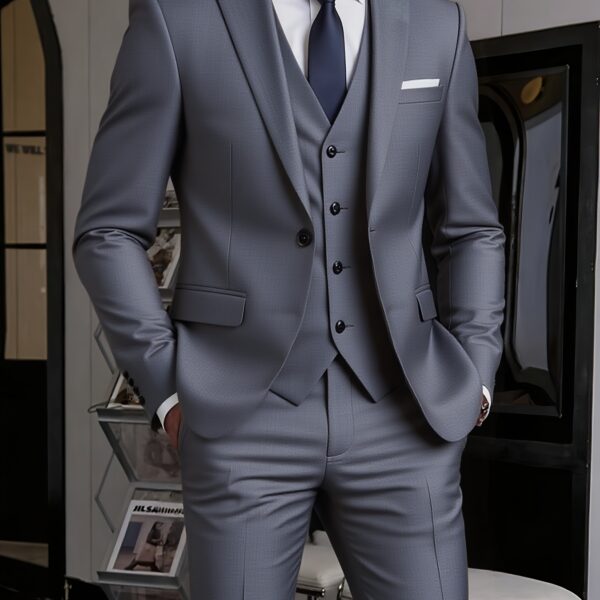 Model wearing the Newness Apex Slim Fit Tuxedo, a sophisticated black tuxedo with a modern slim fit, ideal for weddings and formal events.