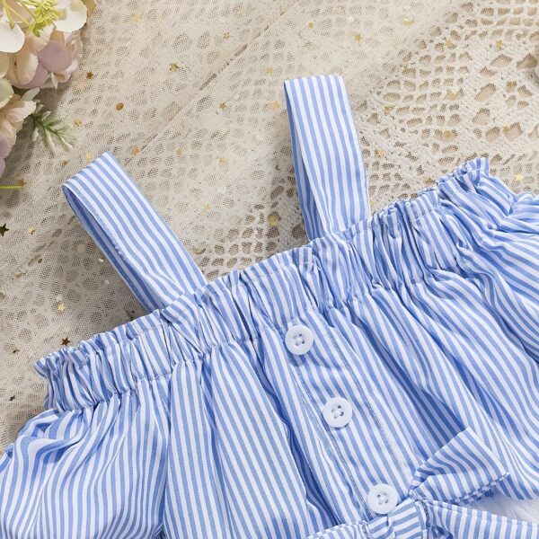 Adorable baby girl wearing a cute and playful summer stripe sundress, perfect for playtime.