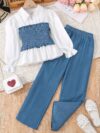 Adorable girls denim set perfect for autumn Featuring stylish denim jacket and pants ideal for casual outings