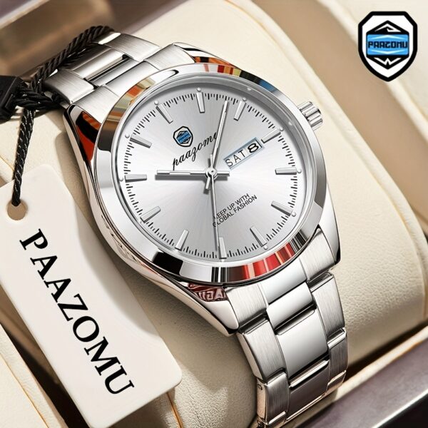 Newness Metropolitan Men's Steel Watch: A sleek, silver steel watch on a wrist, showcasing its classic design and functionality.