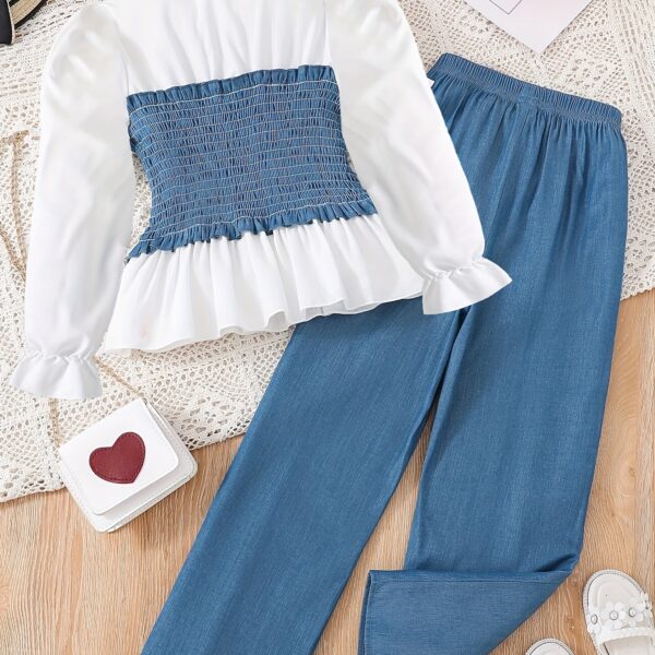 Adorable girls denim set, perfect for autumn. Featuring stylish denim jacket and pants, ideal for casual outings.