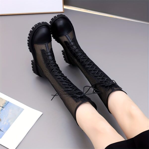 Newness Summer Solstice Mesh Knee-High Boots: Stylish mesh knee-high boots, perfect for summer. Showcasing the intricate mesh pattern and flattering silhouette.