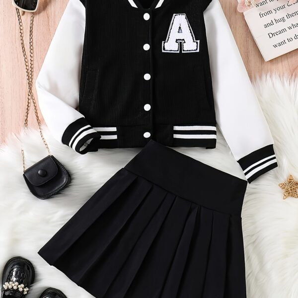 Adorable Pastel Dreams Preppy Skirt Set in soft pastel colors, perfect for spring or fall. The set includes a matching top and skirt, ideal for girls.