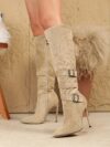 Dune Beige Stiletto Knee Boots from Newness Elegant knee high stiletto boots in a sophisticated beige shade