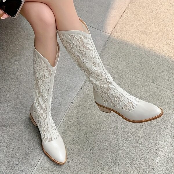 Newness Seraphina Lace Mid Calf Boots Elegant mid calf boots featuring delicate lace detailing Perfect for elevating any outfit