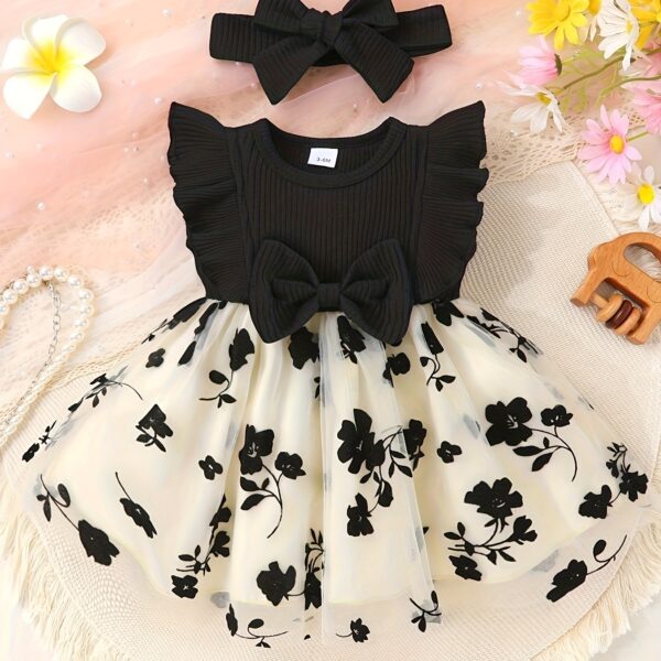Petite Fleur: A charming girl in a floral mesh dress, twirling happily.