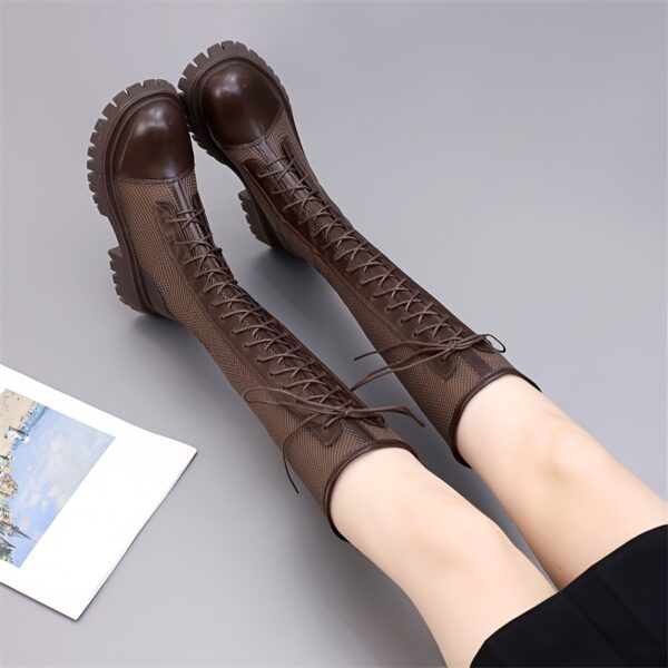 Newness Summer Solstice Mesh Knee-High Boots: Stylish mesh knee-high boots, perfect for summer. Showcasing the intricate mesh pattern and flattering silhouette.