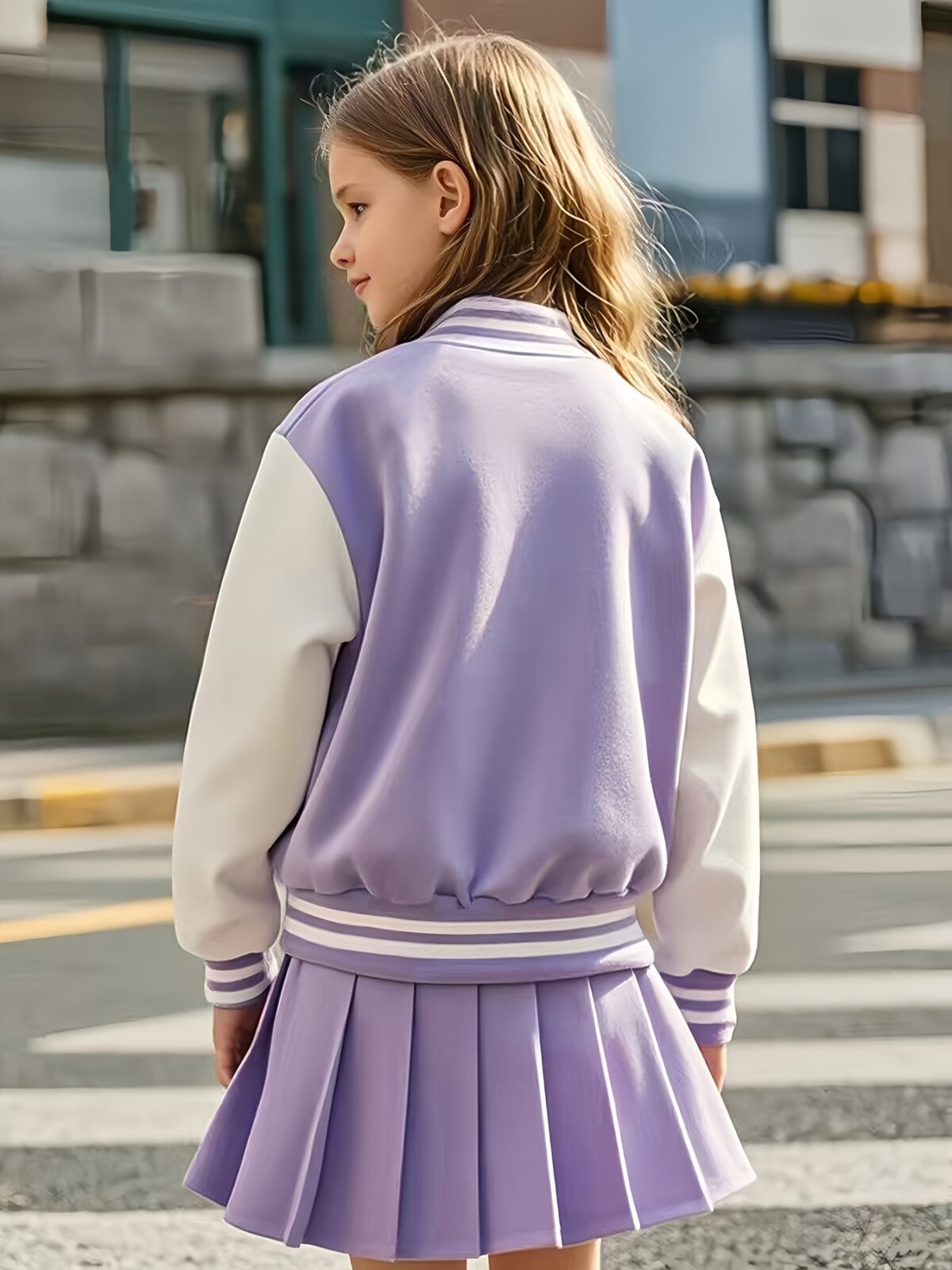 Lilac leopard heart varsity jacket and skirt set Stylish girls outfit featuring a lilac jacket with heart details and a leopard print skirt Perfect for fallwinter