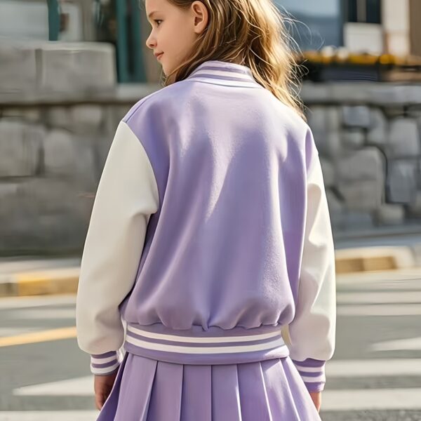 Lilac leopard heart varsity jacket and skirt set. Stylish girls' outfit featuring a lilac jacket with heart details and a leopard print skirt. Perfect for fall/winter.