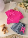 Adorable girls denim set with a cute bowknot perfect for spring summer or fall Shop Newness for stylish kids fashion