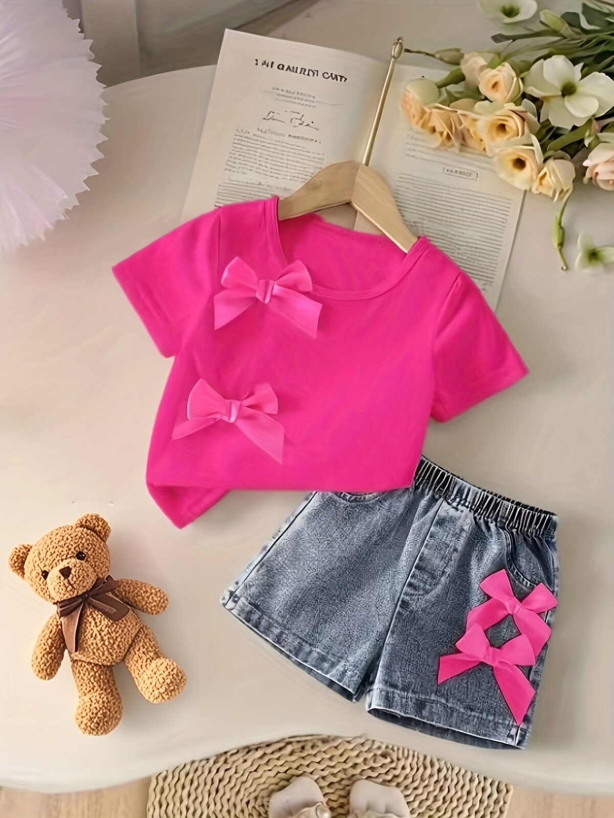 Adorable girls denim set with a cute bowknot perfect for spring summer or fall Shop Newness for stylish kids fashion