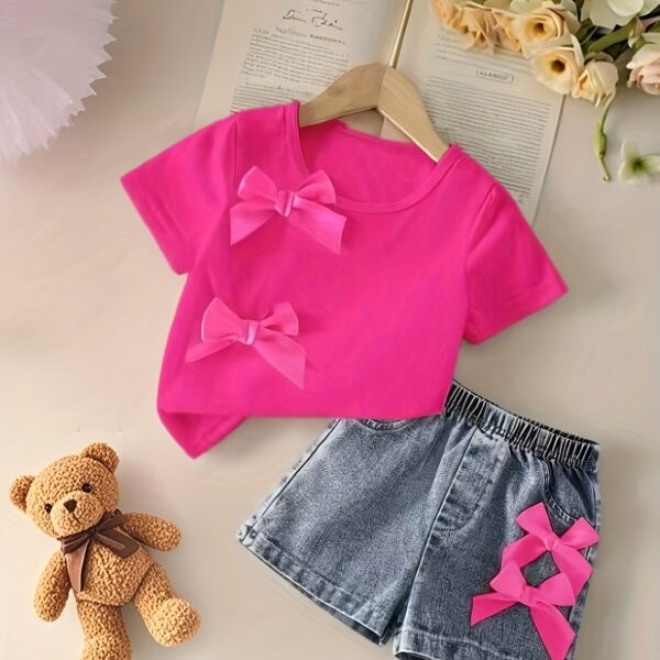 Adorable girls denim set with a cute bowknot, perfect for spring, summer, or fall. Shop Newness for stylish kids' fashion.