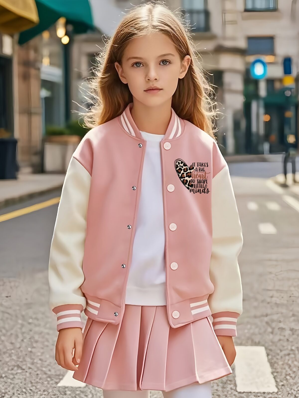 Lilac leopard heart varsity jacket and skirt set Stylish girls outfit featuring a lilac jacket with heart details and a leopard print skirt Perfect for fallwinter